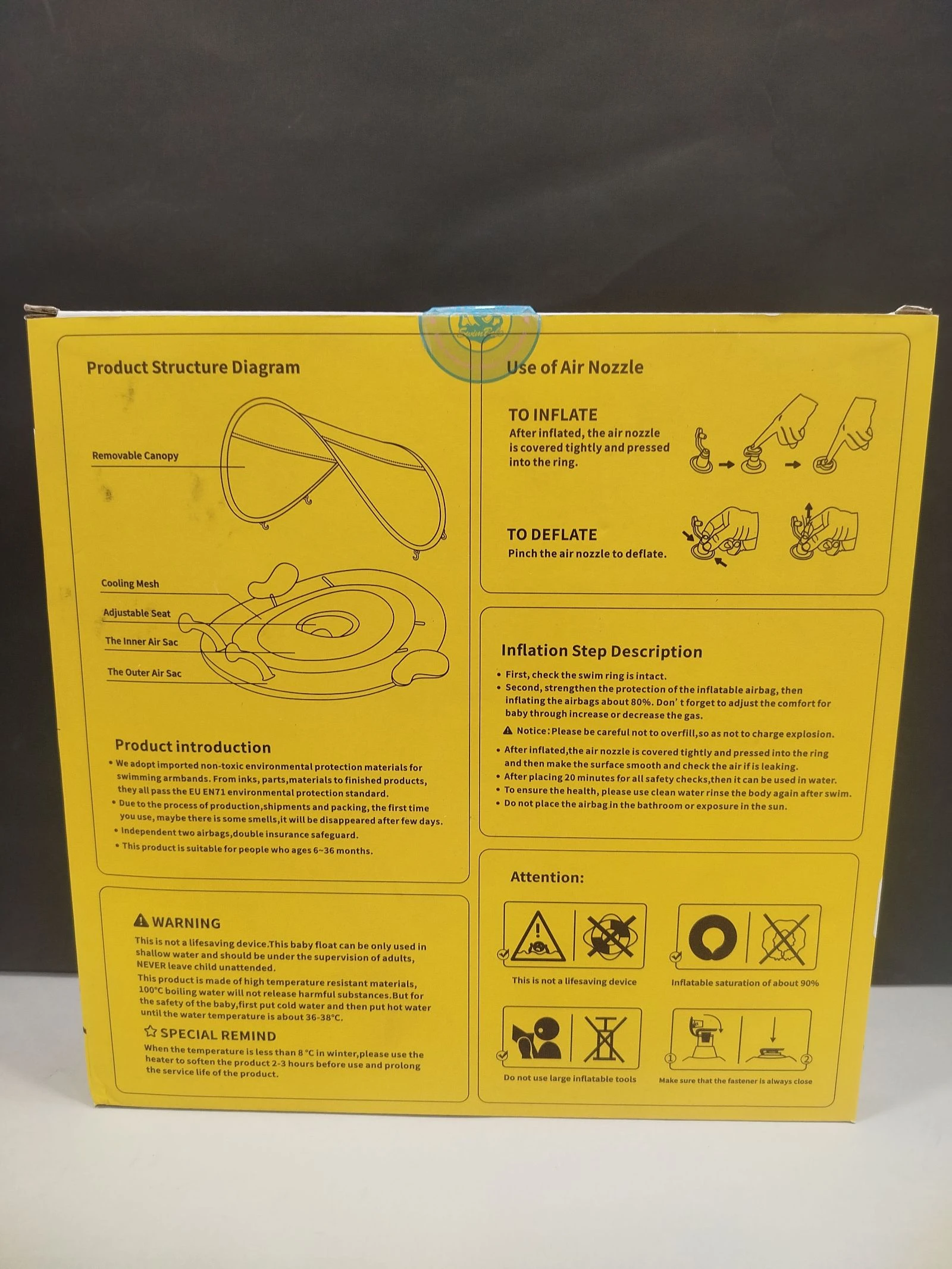Boia inflável com design de abelha para bebês. Inclui uma copa para proteger do sol – photo 2